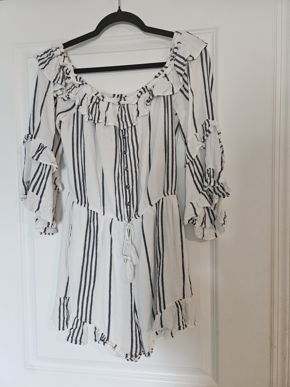 American Eagle Outfitters White Dress with Black Stripes and Ruffle Neckline